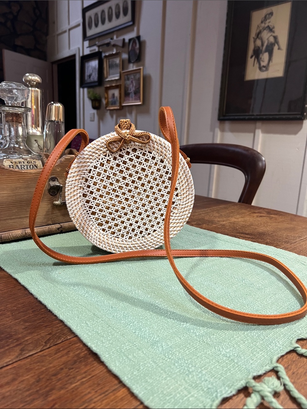 Anthropologie Rattan Round Crossbody